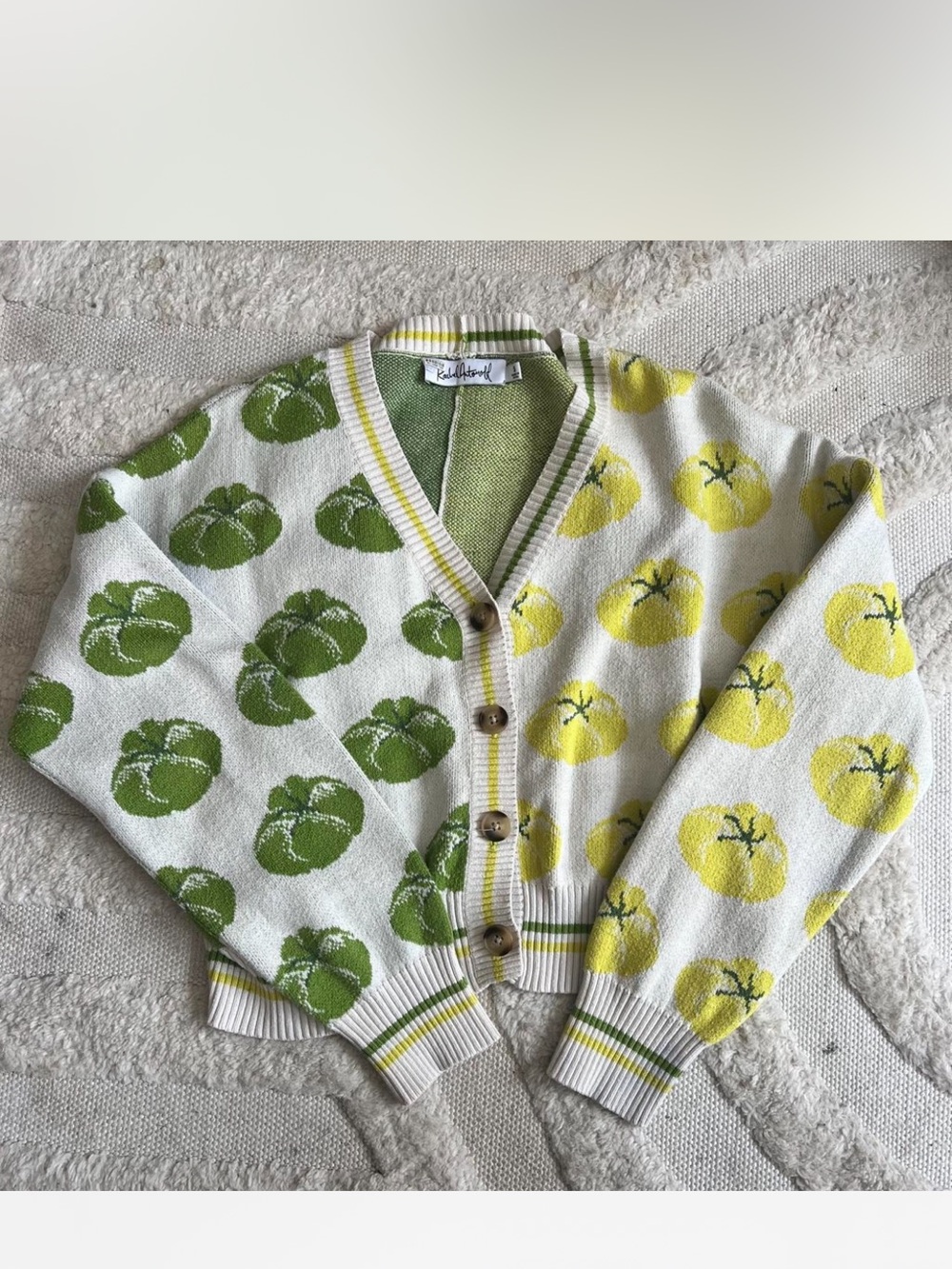 Rachel Antonoff Bell Pepper Print Button-Up Cardigan — Green & Yellow